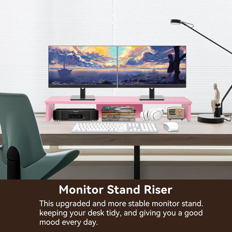 Qupui Dual Monitor Stand Riser, Large Computer Monitor Stand for Desk, Monitor Riser for 2 Monitors, Wood Desk Shelf for Top of Desk, Desktop Organizer for Computer, Laptop, Printer, TV, Pink - Image 3